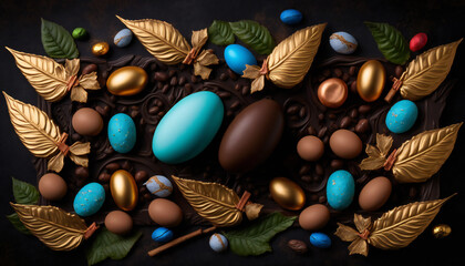 Fototapeta na wymiar Chocolate Easter background template with Easter eggs - Greetings and presents for Easter Day - Copy Space - Generative AI 