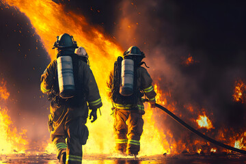 Two firefighters with oxygen tanks on their backs walk against the backdrop of fire. Generative AI