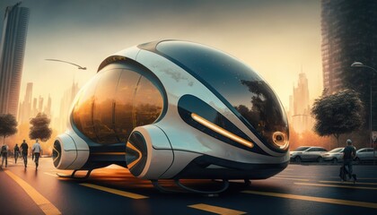 Obraz premium Futuristic concept car in the city, generative ai