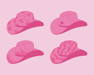 Set of pink vector cowboy hats illustration. Cowgirl wild west elements groove style