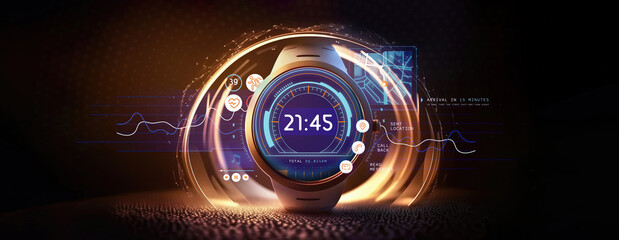 generic modern smart wearable watch wide banner with hologram and screen applications with copy space area
