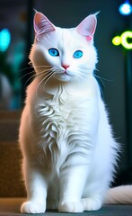 Cute white cat in neon glow. Generated by AI