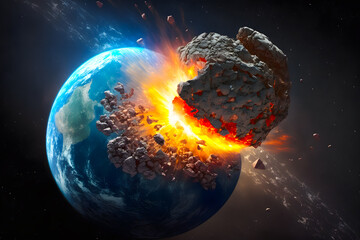 Asteroid impact, end of world, judgment day. Group of burning exploding asteroids from deep space approaches to planet Earth. Generative AI