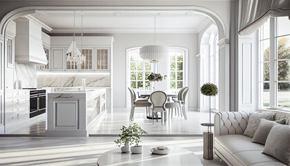 Plakat Luxurious White Kitchen and Dining Room, opulent, spacious, white marble countertops, elegant furnishings, during a sunny day