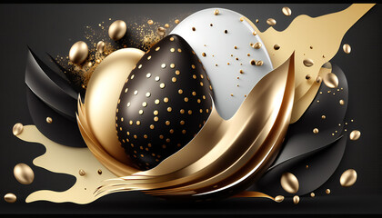 Gold Easter background template with Easter eggs - Greetings and presents for Easter Day - Copy Space - Generative AI	
