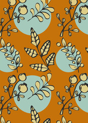  Seamless pattern with leaves and circles on the orange background