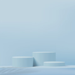 3d blue color podium and minimal blue color wall scene. 3d podium minimal abstract background. Pastel color abstract room design. Vector