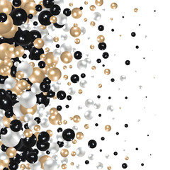 Background with render 3d golden, black and white balls. Round Sphere of geometric objects, pearl made of metal and plastic. 