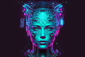 Cyborg Female Head. Generative AI, non-existent person.