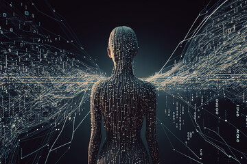 Big data binary code futuristic information technology, data stream. Man silhouette. Big data transfer. interconnected blocks of data representing a cryptocurrency blockchain. Generate AI