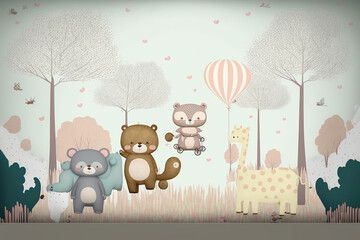 Kids room wallpaper with animals and pastel colors.Generative ai.
