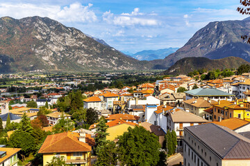 Ancient fortified village of Gemona del Friuli. Views of the mountains and the old town. Italy