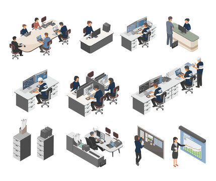 Industrial factory employee uniform office people isometric Manager meeting accountant management Purchasing department room worker concept illustration isolated