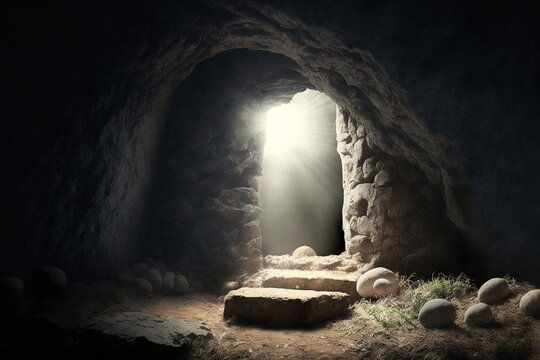 Empty tomb of Jesus with crosses in the background. Easter or Resurrection concept. Generative AI.