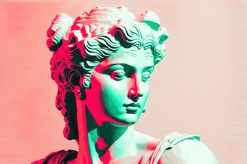 Creative poster concept in a Vaporwave style. An original blend of cyberpunk and antiquity aesthetics. Bust of an antique statue on a background of retro colors of the 80s. Generative AI illustration.