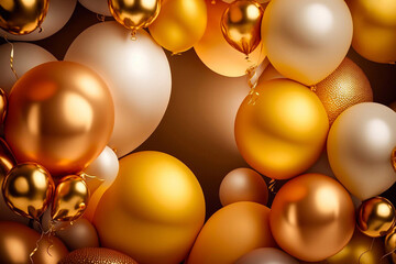 Close-up of many helium balloons in gold colors. Generative AI