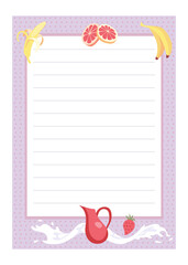 Recipe card. Cooking card template. Culinary notes and sticker with cute ingredients. Menu note template