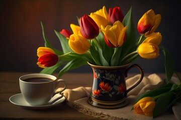 Fototapeta na wymiar Breakfast table with tulips and cups of coffee. Generative AI