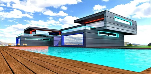 Design of the eco-friendly decking near the swimming pool in the yard of the upscale private mansion with illuminated exterior. 3d rendering.