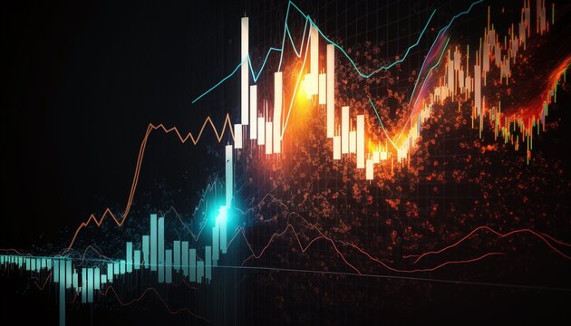 Closeup of stock market volatility of crypto trading financial chart with uptrend line candlestick graph. Financial diagrams, chart, currency, stock market, report. AI Generated 