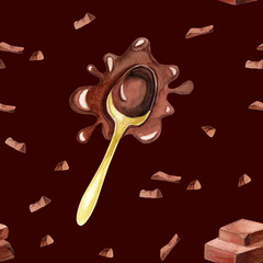 Milk hot chocolate in a spoon. Chocolate crumbs, seamless pattern on a dark background. Watercolor illustration.