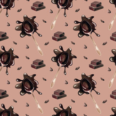 Bitter hot chocolate in a spoon. Chocolate crumbs, chocolate bar slices, seamless pattern. Watercolor illustration.