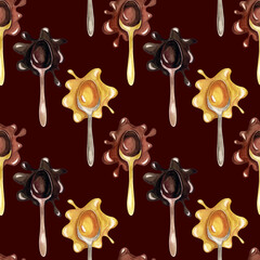 Hot chocolate in a spoon. Milk, bitter and white chocolate. Seamless pattern. Watercolor illustration.