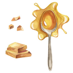 White melted chocolate on a spoon. Pieces of chocolate bars, crumbs. Watercolor illustration.