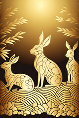 Gold Easter background template with Easter eggs - Greetings and presents for Easter Day - Copy Space - Generative AI	

