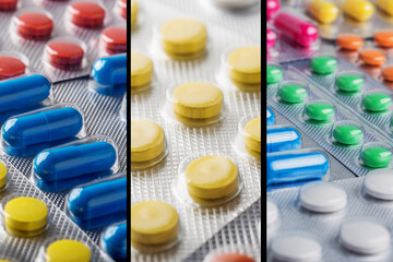 collage of colored pills, pills and capsules