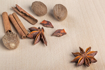 Background with cinnamon sticks and star anise and nutmeg.