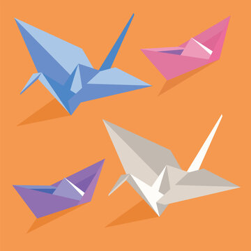 origami boat crane on orange background