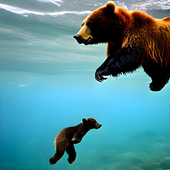brown bear in water with his cub
