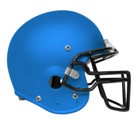 A side view of a blue & black American football helmet with a transparent background.