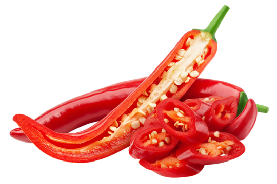 red hot chili peppers isolated on white background, full depth of field