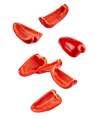 Falling sweet Pepper slice, Paprika, isolated on white background, full depth of field