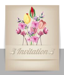 Invitation Card with beautiful blooming floral watercolor background. Elegant wedding card with beautiful floral vector. Beautiful hand drawing Wedding invitation design pink rose invitation template.