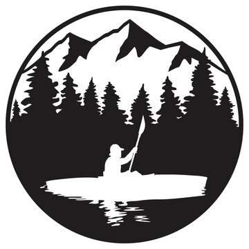 recommend clip art: A vector silhouette logo design of a man "flat water" kayaking in a mountain setting with a silhouette reflection. 