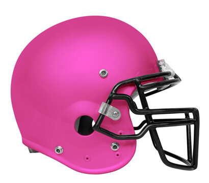 A Side View Of A Pink & Black American Football Helmet With A Transparent Background.