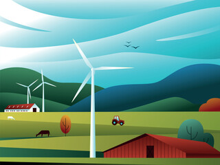 Rural landscape with fields, hills, tractor, wind turbine and barn, panorama view. Vector illustration of countryside, villages. Green energy concept. Organic farm, clean electric energy