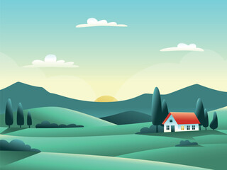 Rural landscape, summer sunrise, panorama view. Fields, hills, and house surrounded by cypresses. Vector illustration of spring or summer countryside
