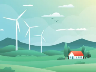 Fototapeten Rural spring landscape with fields, hills, wind turbine and house surrounded by cypresses. Vector illustration of countryside. Green energy concept. Clean electric energy from renewable sources © Elena Iakovleva
