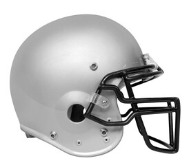 A side view of a silver & black American football helmet with a transparent background.