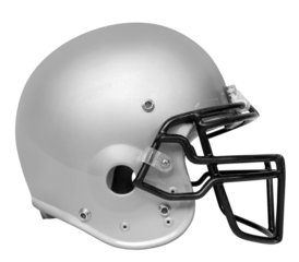 A side view of a silver & black American football helmet with a transparent background.