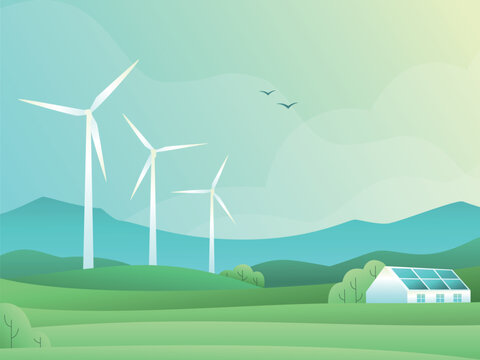 Rural spring landscape with fields, hills, wind turbine and barn or house with solar panels. Vector illustration of countryside. Green energy concept. Clean electric energy from renewable sources