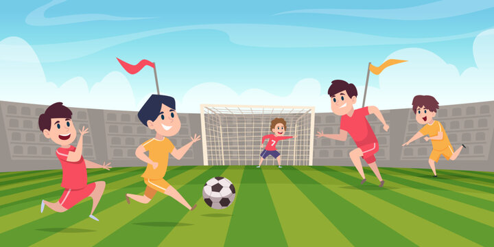 Football team. Kids playing with ball on stadium field exact vector cartoon background