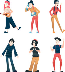 Mime actors. Traditional comedy street artists theatre performance funny show exact vector characters