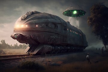 Fototapeta na wymiar derailed train and ufo made by generative ai