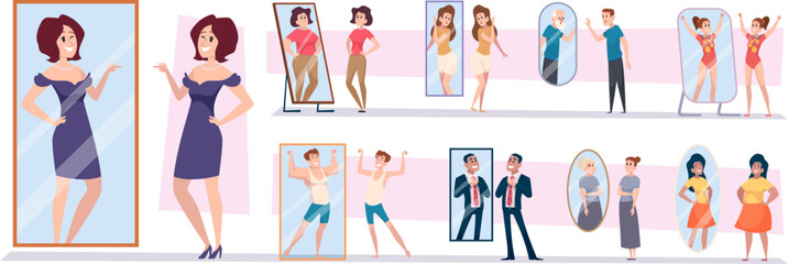 Naklejka na ściany i meble Mirror view. Male and female characters looking mirror exact vector illustrations set isolated