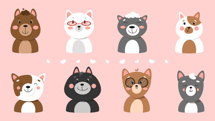 Cute cats collection, isolated, Cute pets face collection
